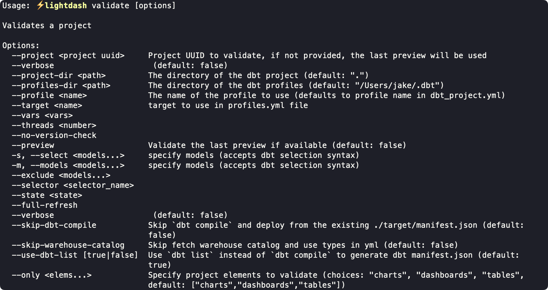 lightdash validate help CLI results